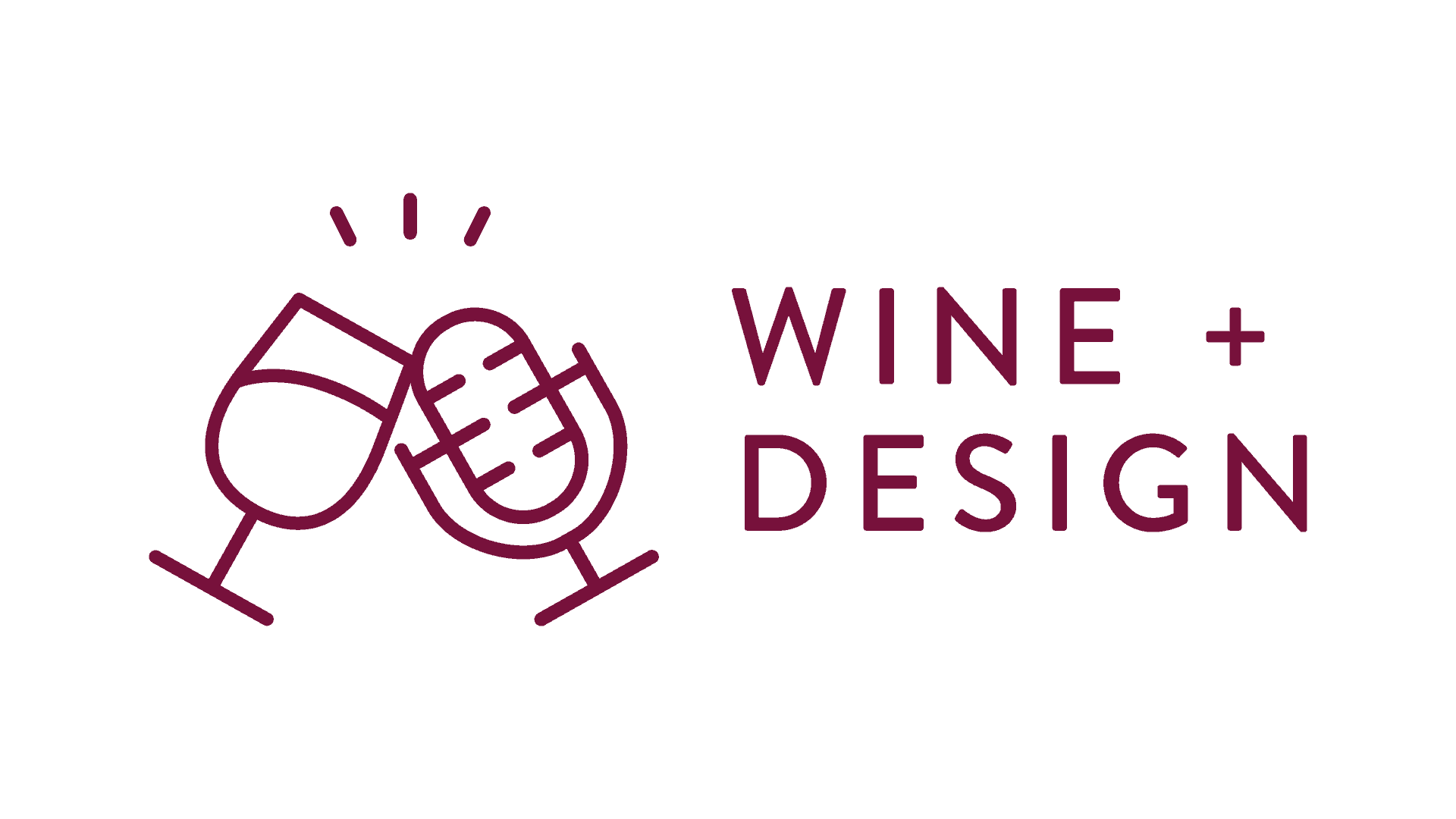 Icons of a wine glass and a microphone next to text 'Wine + Design'.