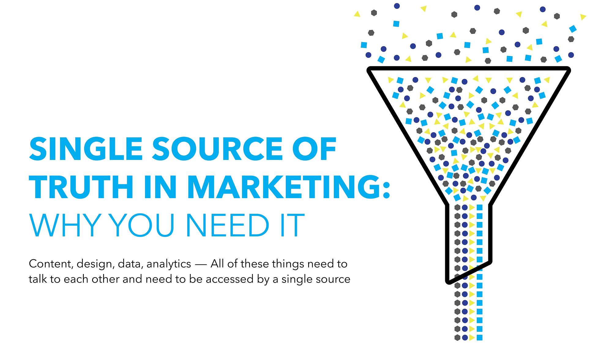A graphic of a funnel with confetti pouring through it next to text that reads 'Single Source of Truth in Marketing: Why you need it. Content, design, data, analytics -- all of these things need to talk to each other and need to be accessed by a single source.